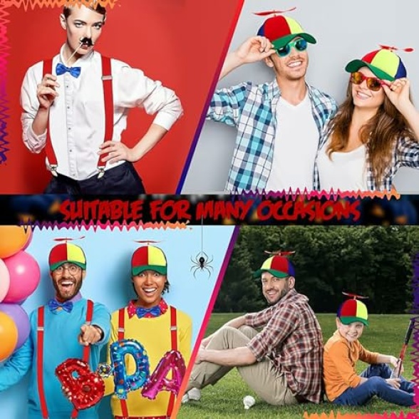 D.A.Y. Republic Helicopter Clown Hat with Spinning Propeller - Funny, Silly, Novelty, Adjustable, Attention Grabbing Cartoon Character Fancy Dress Party Rainbow Beanie Ball Cap - Image 6