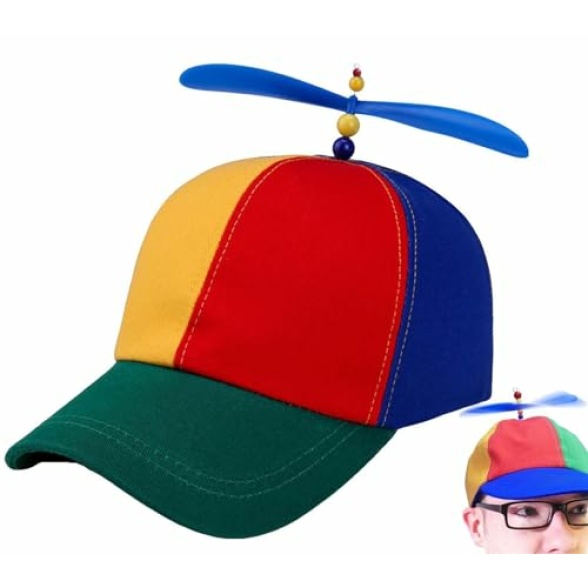 D.A.Y. Republic Helicopter Clown Hat with Spinning Propeller - Funny, Silly, Novelty, Adjustable, Attention Grabbing Cartoon Character Fancy Dress Party Rainbow Beanie Ball Cap