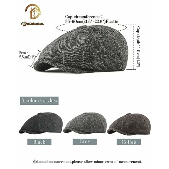 Dalababa Mens Tweed Flat Caps, 8 Panel Peaky Herringbone Baker Boy Hat, Adjustable Casual Vintage Gatsby Irish Newsboy Beret Cap - Image 3