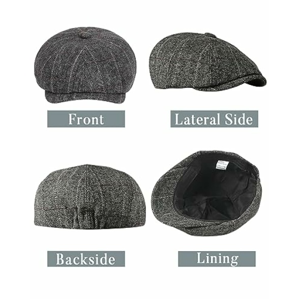 Dalababa Mens Tweed Flat Caps, 8 Panel Peaky Herringbone Baker Boy Hat, Adjustable Casual Vintage Gatsby Irish Newsboy Beret Cap - Image 4