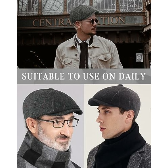 Dalababa Mens Tweed Flat Caps, 8 Panel Peaky Herringbone Baker Boy Hat, Adjustable Casual Vintage Gatsby Irish Newsboy Beret Cap - Image 8