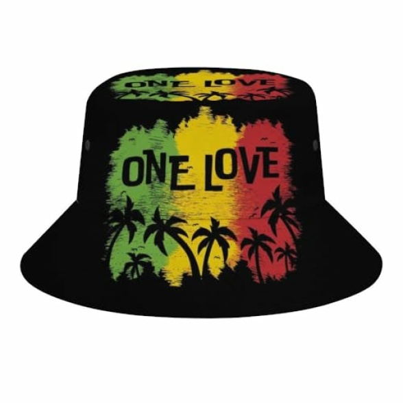 JopaJre 1 Love Music Reggae Rasta Bucket Hat for Women Men Sun Cap Fisherman Hat Packable Beach Caps Travel Outdoor