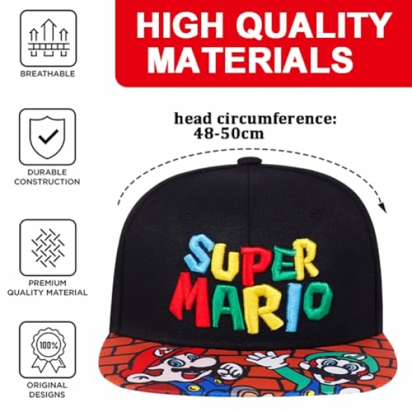 LGQHCE Marrio Baseball Cap, Marrio Children Sun Hat Cartoon Adjustable Baseball Cap Cartoon Peaked Cap Flat Brim Baseball Cap Hat Summer Accessories Gifts for Children's 2 to 8 Years Old Black - Image 3
