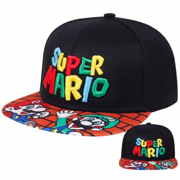 LGQHCE Marrio Baseball Cap, Marrio Children Sun Hat Cartoon Adjustable Baseball Cap Cartoon Peaked Cap Flat Brim Baseball Cap Hat Summer Accessories Gifts for Children's 2 to 8 Years Old Black