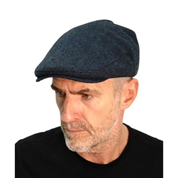 London Design Men's Navy Blue Herringbone Wool Flat Cap One Size Fits 56-57-58cm Quilted Lining - Image 3