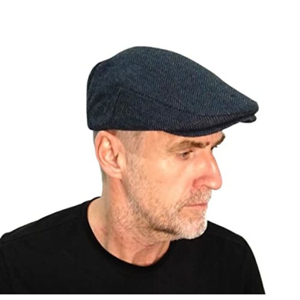 London Design Men's Navy Blue Herringbone Wool Flat Cap One Size Fits 56-57-58cm Quilted Lining - Image 4