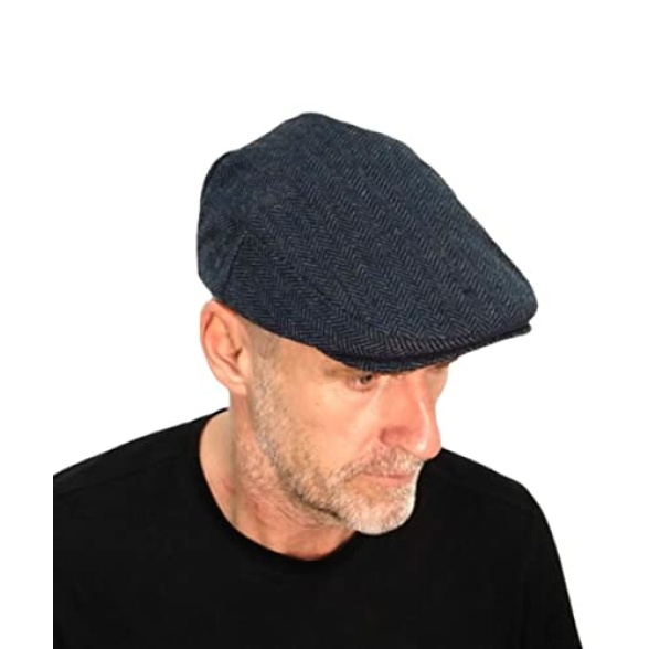 London Design Men's Navy Blue Herringbone Wool Flat Cap One Size Fits 56-57-58cm Quilted Lining - Image 5