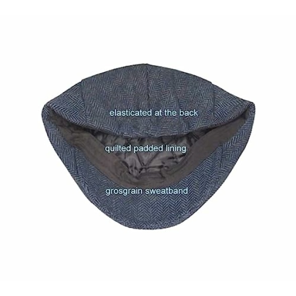 London Design Men's Navy Blue Herringbone Wool Flat Cap One Size Fits 56-57-58cm Quilted Lining - Image 7