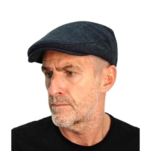 London Design Men's Navy Blue Herringbone Wool Flat Cap One Size Fits 56-57-58cm Quilted Lining