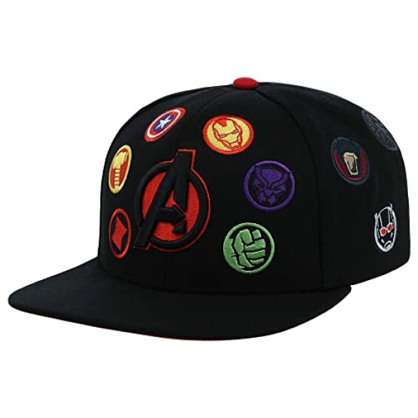 Marvel Avengers Adult All Over Adjustable Snapback Flat Bill Cap, Black/Red Underbill, One size