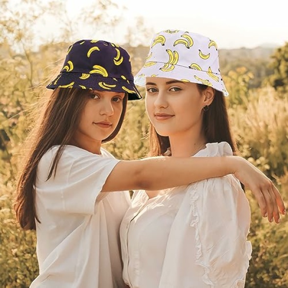 SKHAOVS 2 Pieces Fashion Beach Sun Cap Funny Disco Bucket Hats Fruit Print Reversible Retro 80s Bucket Hat Women Men Double Side Wear Outdoor Fisherman Hat for Hip Hop Party Summer Travel Funky