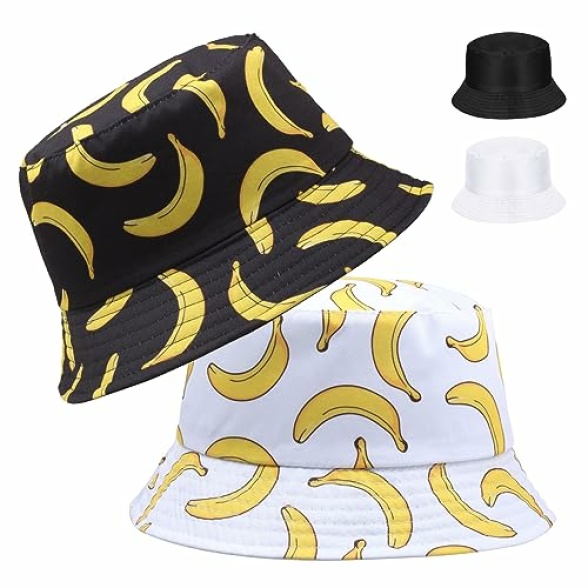 SKHAOVS 2 Pieces Fashion Beach Sun Cap Funny Disco Bucket Hats Fruit Print Reversible Retro 80s Bucket Hat Women Men Double-Side-Wear Outdoor Fisherman Hat for Hip Hop Party Summer Travel