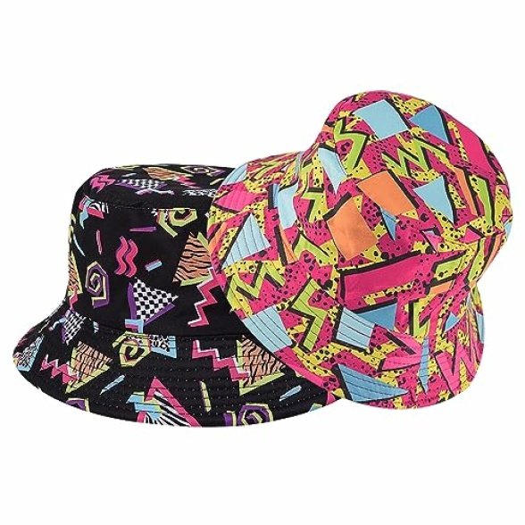 SKHAOVS 2 Pieces Funny Disco Bucket Hats Fashion Beach Sun Cap Unisex Print Reversible Retro 80s Bucket Hat for Women Men Double-Side-Wear Outdoor Fisherman Hat for Hip hop Party Summer Travel