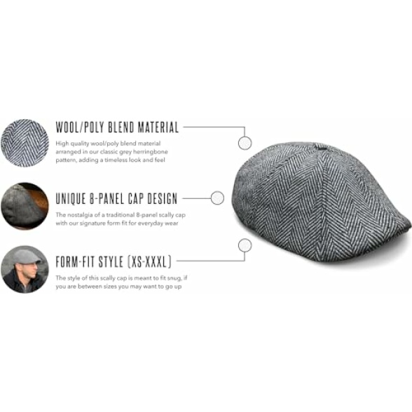 The Original Boston Scally Cap - The Peaky Newsboy Flat Cap - 6 Panel Cotton Fitted Hat for Men - Grey Herringbone - Image 6