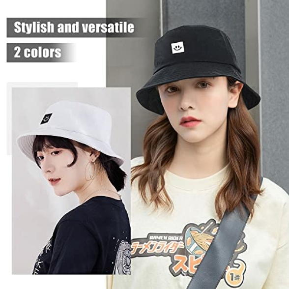 beifon Pack of 2 Fishing Hats Bucket Hat Unisex Sun Hat Cotton Bucket Hat Foldable Fishing Hat Fishing Hat Leisure Hat Outdoor Smiling Face Hat Summer Hat Autumn Camping Travel Hiking - Image 5