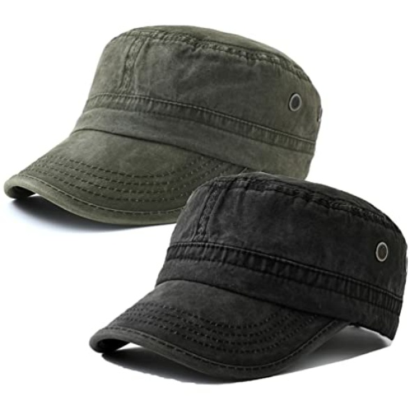 2 Pack Men's Cotton Military Caps Cadet Army Caps Vintage Flat Top Cap