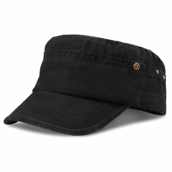 Military Hats for Men - Washed Cotton Military Caps Cadet Army Cap Vintage Adjustable Flat Top Cap